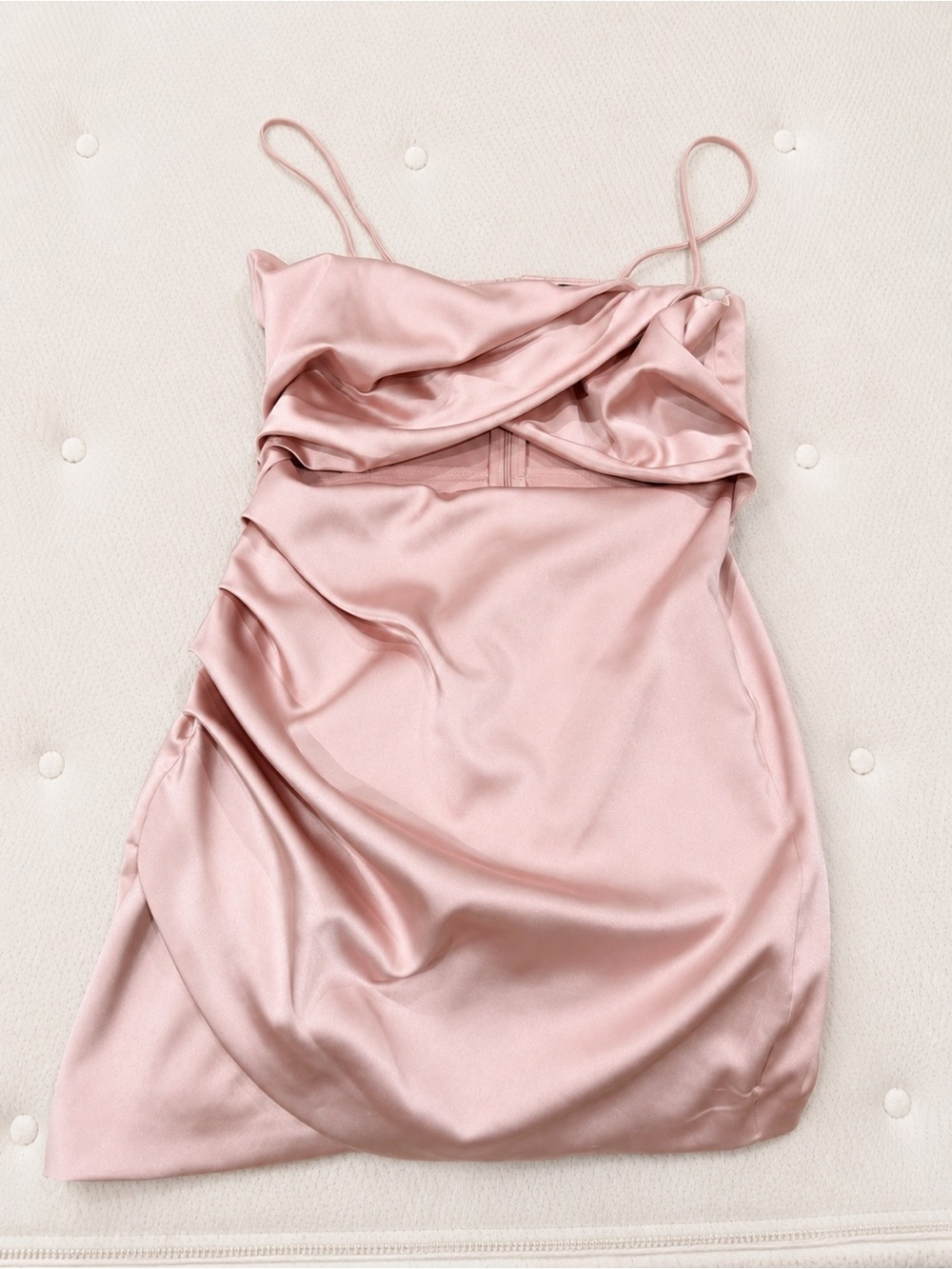 Silky Ruched Cowl Neck Mini Dress in Blush